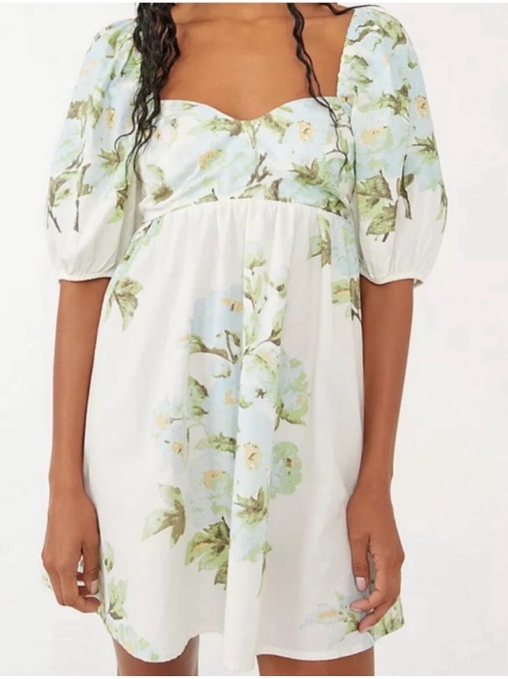 Free People Peony Babydoll Mini Dress Green Floral 100% Cotton Pockets Large